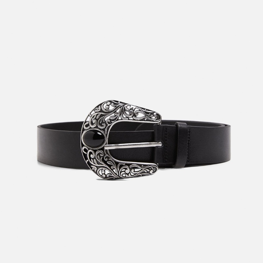 Leather belt with stone embellishment.